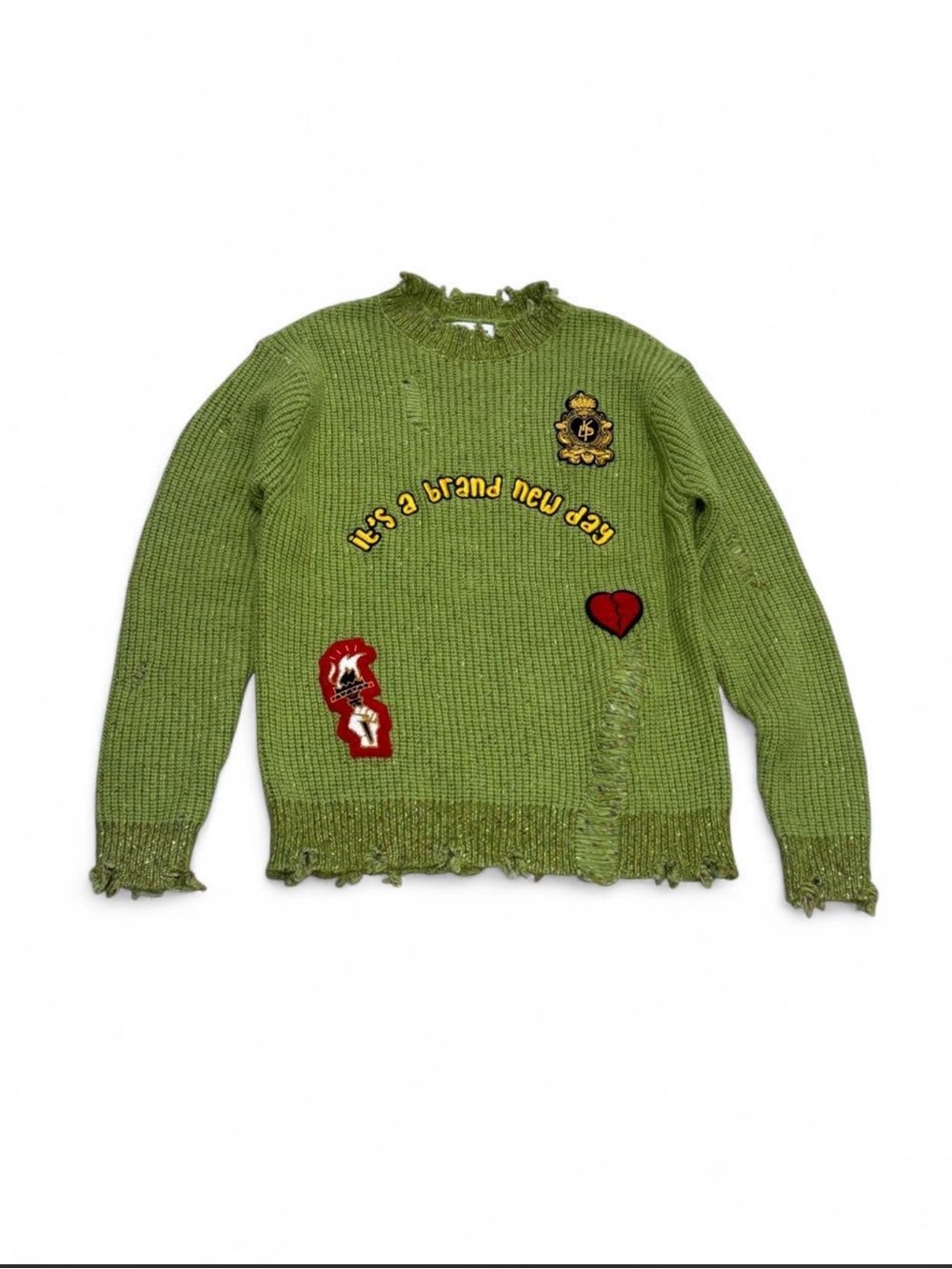 Kleep Green Distressed Patchwork Crewneck Sweater Size Large